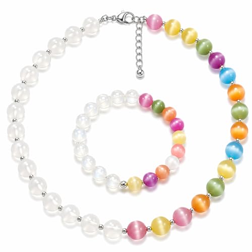 Dopamine Necklace UV Reactive Colorful Rainbow Beaded Necklace Dopamine Jewelry Set Color Changing Mood Necklaces Bracelet Earrings Summer Beach Vacation Gift for Women - color: A4：silver Changing set