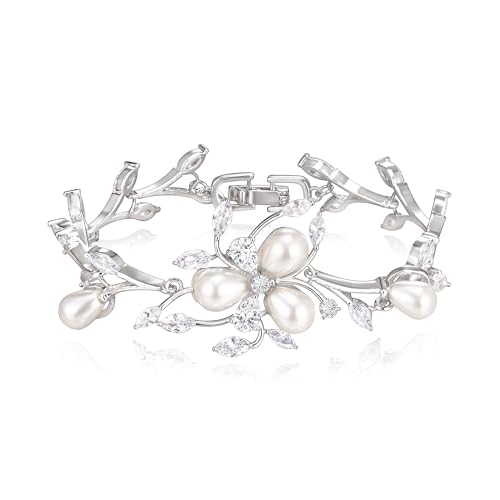 EVER FAITH Cubic Zirconia Pearl Bridal Prom Tennis Bracelet for Women | Elegant Pear CZ Wedding Jewelry Gift, for Bride Bridesmaid - style: Vine_Silver-Plated-Brass