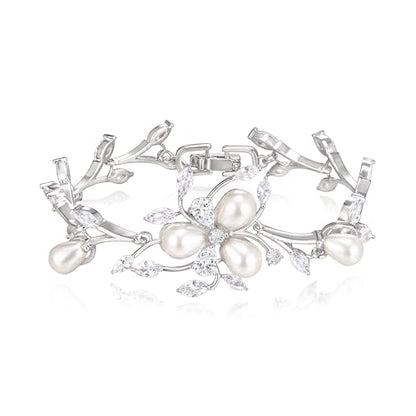 EVER FAITH Cubic Zirconia Pearl Bridal Prom Tennis Bracelet for Women | Elegant Pear CZ Wedding Jewelry Gift, for Bride Bridesmaid - style: Vine_Silver-Plated-Brass