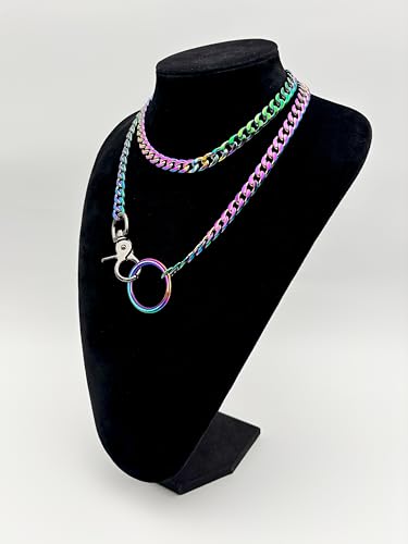 paloli Women's Slip Chain Rainbow Heart O-Ring Chunky Chain Necklace, Rays Cuban Long Layered Jewelry, Adjustable Lariat Y-Necklace Heart Loop Choker - color: K-Oring-Rainbow