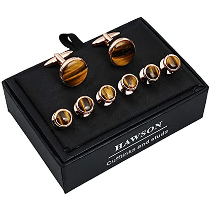 HAWSON Cufflinks and Tuxedo Studs Set for Men with Gift Box, Mother-of-Pearl Cuff links for French Cuff Shirt and Dress Shirt, Suitable for Wedding, Birthday, Party - style: Rose Gold & Tiger Eye