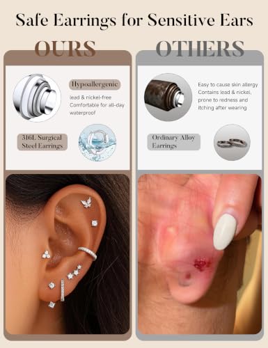 M MOOHAM Hypoallergenic Earring Jacket Stacks - 7 Pairs 14K Gold Plated Flat Back Earrings Dainty Huggie Hoop Cartilage Helix Earring Jacket, Fashion Accessories Western Jewelry Gifts - color: Silver