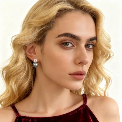 Faux Pearl Cubic Zirconia Stud Earrings, Hypoallergenic Lightweight Round Pearl Studs for Women - color: Platinum Grey, size: Pearl 12mm-CZ 6mm