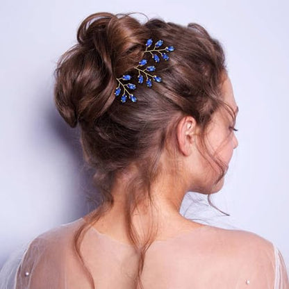 Dizila 7 Pieces Royal Blue Party Prom Wedding Bridal Crystal Rhinestone Vine Leaf Hair Side Combs + Rhinestone U-shaped Hair Pins Headpieces for Brides Bridesmaids Women Girls - color: Royal Blue