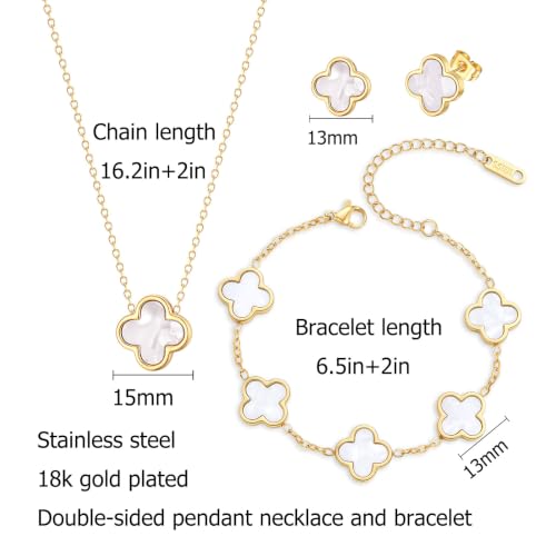 Clover Necklace Bracelet and Stud Earrings Jewelry Sets for Women | 18K Gold Plated Stainless Steel, Black/White Four Leaf Clover set,Christmas Birthday Lucky Gifts for Mom Wife Girlfriend - color: Gold White 3PCS