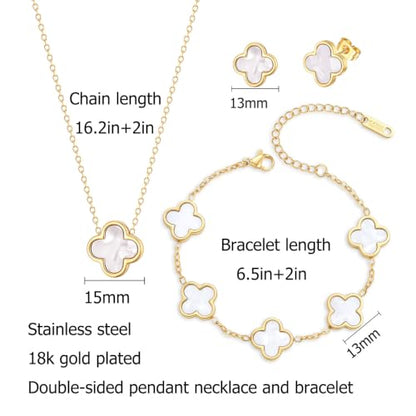 Clover Necklace Bracelet and Stud Earrings Jewelry Sets for Women | 18K Gold Plated Stainless Steel, Black/White Four Leaf Clover set,Christmas Birthday Lucky Gifts for Mom Wife Girlfriend - color: Gold White 3PCS