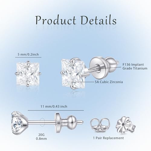 Limerencia Hypoallergenic G23 Pure F136 Implant Grade Titanium Earrings | 20G Flat Back Studs with CZ, Available in Round, Princess-Cut, Square & Ball, Earrings for Women and Men with Sensitive Ears - style: 5mm Square CZ