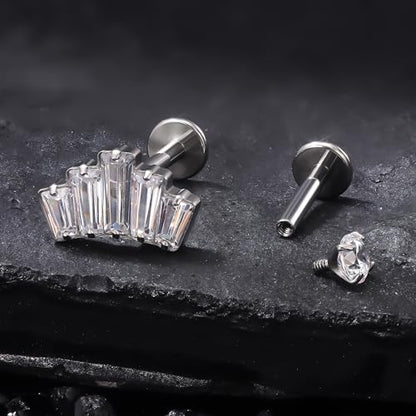 Titanium Flat Back Lip Rings Internally Threaded Earrings Studs Nose Rings 16G Opal CZ Tragus Cartilage Lobe Rook Helix Conch Labret Medusa Piercing Jewelry for Women Men W Piercing Taper Set - style: Crown CZ