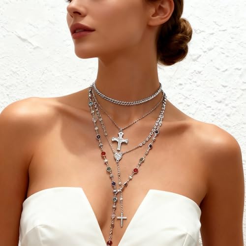 Silvery Layered Necklace for Women, Y Necklace with Cross Pendant, Dainty Stackable Jewelry Gift for Everyday Wear - style: 4PCS - Stainless Steel - Cuban Chain&Cross&Cross Y Chain&Colorful Chain