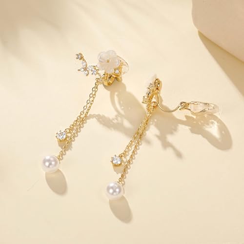 Awinesn Clip on Earrings Dangle Pearl Drop Clip Earrings for Women Trendy Dangle Chain Dainty Flower Wedding Earrings for Brides 14K Gold Plated Statement Non Pierced Earrings for Women Sparkly Jewelry - style: fugu-flower-g