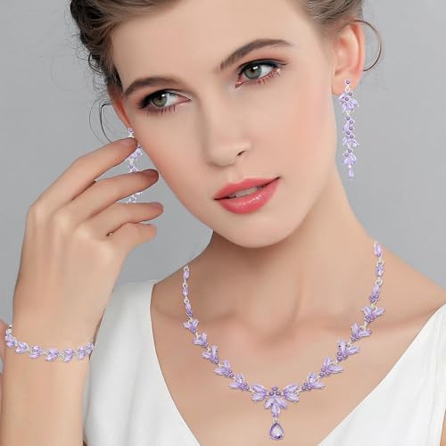 Paxuan Wedding Jewelry Sets for Bride Bridesmaid Bridal Jewelry Set for Women Wedding Crystal Necklace Earrings Bracelet Set for Party Prom Jewelry - color: Light Purple - Silver