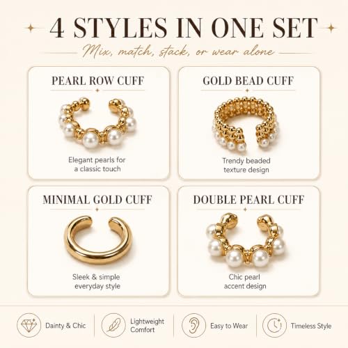 4 Pcs Women’s Clip-On Ear Cuff Set, Luxury Old Money Style Faux Pearl Earrings, Irregular Bohemian Statement Ear Cuffs, Elegant Jewelry for Daily Wear, Vacation, Date, Wedding, Banquet & Party, surprise Girlfriend,Friends for Birthdays & Holidays - color: