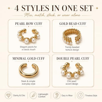 4 Pcs Women’s Clip-On Ear Cuff Set, Luxury Old Money Style Faux Pearl Earrings, Irregular Bohemian Statement Ear Cuffs, Elegant Jewelry for Daily Wear, Vacation, Date, Wedding, Banquet & Party, surprise Girlfriend,Friends for Birthdays & Holidays - color:
