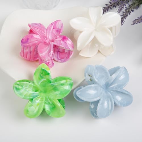 Large Hawaiian Flower Hair Claw Clips for Women, 4Pcs Tropical Plumeria Hair Clips for Thick and Thin Hair, Strong Hold Marble Texture Nonslip Beach Hair Claw Clips Summer Hair Accessories Gift - color: Fresh Blossom