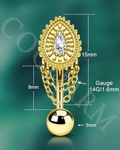 Belly Button Rings 14G Reverse Belly Navel Rings for Womne Gold Floating Navel Piercing Jewelry Stainless Steel - color: YG-Drop