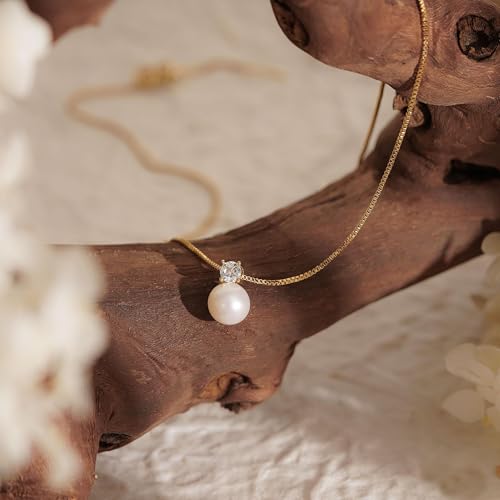 Plenky Pearl Necklaces for Women-14k Gold Plated Layered-Single Pearl Necklace Simple Pearl Choker Necklaces for Women Trendy Cute Gold Necklace Jewelry for Women Gifts - style: CZ Pearl Necklace