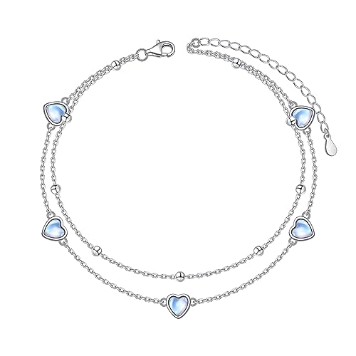 Flyow Anklet for Women S925 Sterling Silver Adjustable Foot Beaded Heart Charm Ankle Bracelet Anklets Jewelry - style: heart moonstone
