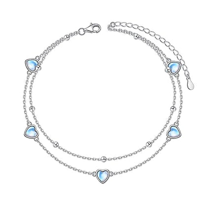 Flyow Anklet for Women S925 Sterling Silver Adjustable Foot Beaded Heart Charm Ankle Bracelet Anklets Jewelry - style: heart moonstone