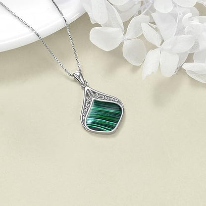 YAFEINI Teardrop Necklace Sterling Silver Filigree Irish Pendant Necklace Natural Stone Moonstone/Lapis Lazuli/Larimar/Moss Agate Necklace Jewelry - color: Malachite teardrop necklace