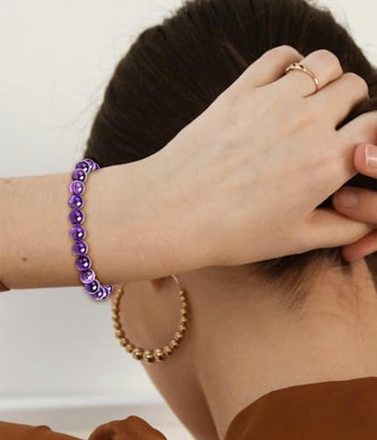 BOMAIL Natural Stone Beaded Bracelet for Women Men | 8mm Round Beads,Healing Crystal,Semi-Precious Gemstone,Yoga,Stretch,Bracelets Jewelry Gift - color: Amethyst