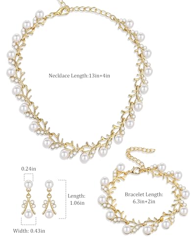 14K Gold Plated Pearl Jewelry Set for Women - 3 Piece Wedding Jewelry Sets with Necklace Earring Bracelet, Crystal Accented Pearl Bridal Set for Wedding