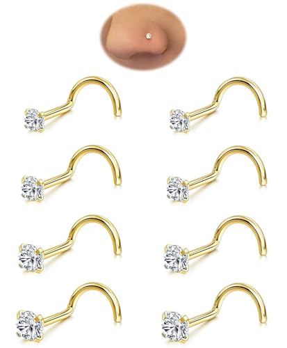 8Pcs Nose Rings Studs Set for Women Men: Hypoallergenic G23 Titanium/316L Surgical Stainless Steel Nose Studs, Nickel-free Lead-free L Shaped Corkscrew Nose Piercing Jewelry CZ 1.5mm 2mm 2.5mm 3mm - style: 8pcs 22G Gold - Stainless Steel