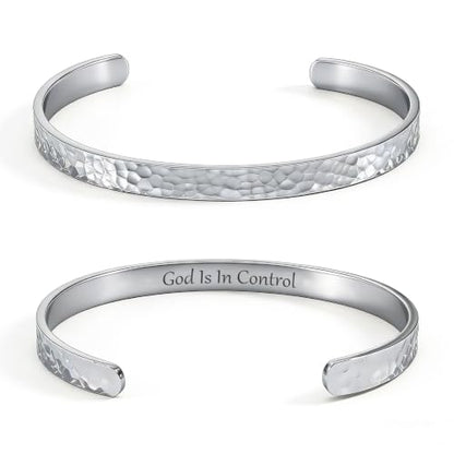 Inspirational Bible Verse Cuff Bracelet for Women, 18K Gold Plated Hammered Bangle, Christian Faith Jewelry Gift, Adjustable Non Tarnish - color: GOD IS IN CONTROL-Hammered Silver
