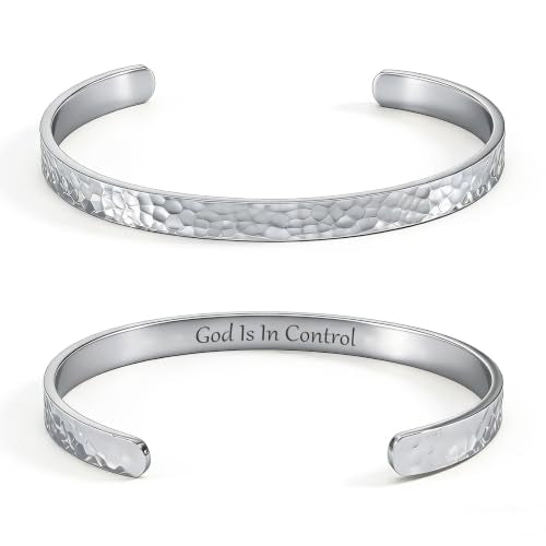 Inspirational Bible Verse Cuff Bracelet for Women, 18K Gold Plated Hammered Bangle, Christian Faith Jewelry Gift, Adjustable Non Tarnish - color: GOD IS IN CONTROL-Hammered Silver