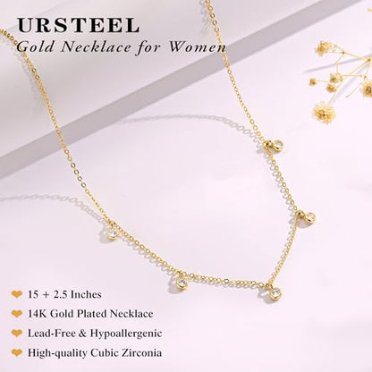 Ursteel 14K-Gold-Plated Necklace for Women Girls, Cute Daisy Pearl Necklace for Girls Clover Butterfly Cubic Zirconia Flower Evil Eye Station Necklaces for Women Teen Girl Gifts - color: Round Zircon