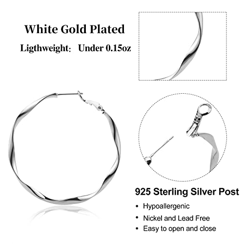 24K Gold Hoop Earrings for Women Trendy Real Gold Plated Twisted Thin Huggie Hoops, Dainty Cute Big Gold Filled Dangle Hoop Earrings Nickel Free Womens Earrings for Sensitive Ears Hypoallergenic - style: White Gold 50mm