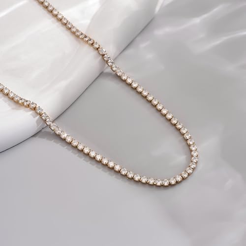 3mm Cubic Zirconia Tennis Necklace for Women, Dainty Adjustable 18K Gold Plated/Silver CZ Tennis Necklace, Hypoallergenic Iced Out Everyday Jewelry Gift for Her Wedding Party - color: 42cm Tennis Necklace-Gold