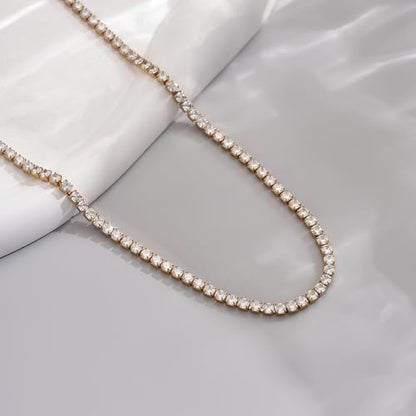 3mm Cubic Zirconia Tennis Necklace for Women, Dainty Adjustable 18K Gold Plated/Silver CZ Tennis Necklace, Hypoallergenic Iced Out Everyday Jewelry Gift for Her Wedding Party - color: 42cm Tennis Necklace-Gold