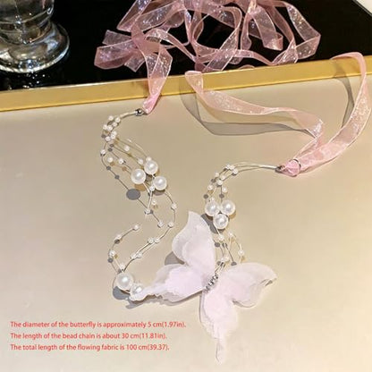 Lace Butterfly Necklace Dainty Pearl Beaded Bow Tie Ribbon Necklaces Long Elegant Lace Fairy Tassel Choker White Black Pink Blue Butterfly Choker Necklaces Cute Butterfly Jewelry Y2K Aesthetic Jewlery for Wedding Party Prom - color: Pink