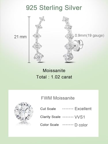 Moissanite 20mm Butterlfy/Flower/Leaf/Bezel Crawler Stud Earrings for Women, 925 Sterling Silver with Gold Plated, Hypoallergenic Cartilage Earrings, Valentines Birthday Anniversary Wedding Gift - color: Round - White Gold
