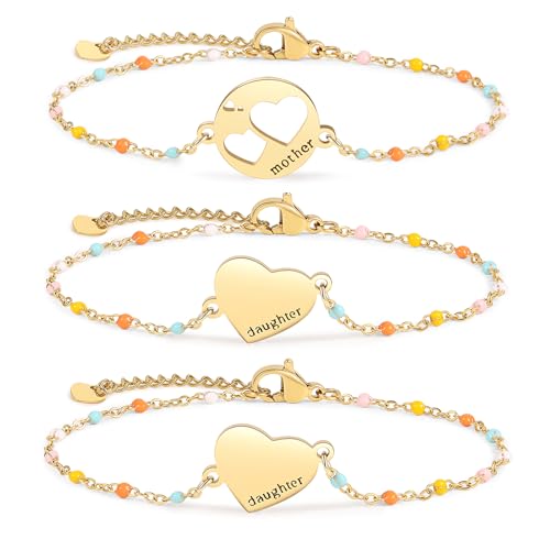 DS Mother Daughter Matching Bracelets,Adjustable Stainless Steel Gift Set | mother’s Day & Birthday Gift Box,Heart Charm,Mommy & Me Style,18K Gold Plated,Hypoallergenic,Daily Wear,Fits Women Teen Girls - color: Gold-5