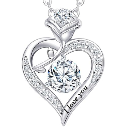 Rose Heart Pendant Necklace Gifts for Wife, Engraved 'I love you' Gift for Wife Girlfriend, Anniversary Birthday Eternity Jewelry Present for Women, Moissanite Necklace Gift for Her - style: Round