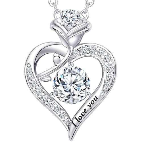 Rose Heart Pendant Necklace Gifts for Wife, Engraved 'I love you' Gift for Wife Girlfriend, Anniversary Birthday Eternity Jewelry Present for Women, Moissanite Necklace Gift for Her - style: Round