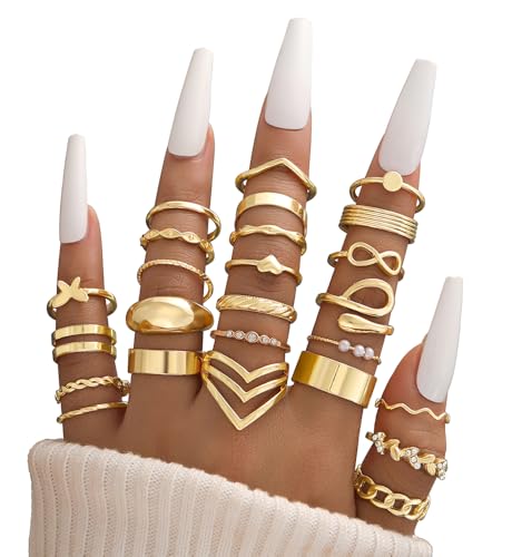 iF YOU 25 Pcs Gold Stackable Ring Set for Women, Chunky Knuckle Finger Midi Rings, Silver Simple Stacking Cute Rings Pack Trendy Stuff Jewelry Gift - style: 25 Gold chunky-size 4-8.5