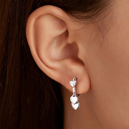 LOVECOM 925 Sterling Silver Heart Dangle Earrings for Women 14K Gold Plated Dainty CZ Love Hearts Charm Huggie Hoop Earrings to Daughter Birthday Wedding Graduation Gifts Jewelry Gifts - color: Silver