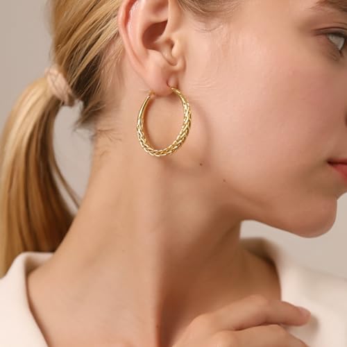 Senteria 925 Sterling Silver Post Twisted Hoop Earrings for Women 30-50MM | Hypoallergenic Large Silver Hoop Earrings for Women,Lightweight Thick Weave Braid Hoops,Nickel Lead-Free for Sensitive Ears - color: 50MM Gold