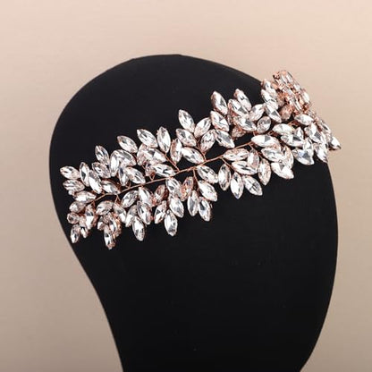 Missgrace Women Silver Green Black Red Blue Handmade Full Crystal Rhinestone Large Headband Hair Vine Shinny Headpiece Bridal Wedding Hair Accessories for Women (Rose gold) - color: Rose gold