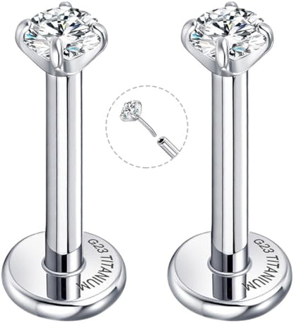 Threadless Flat Back Earrings for Tragus, Helix, Conch, Daith, Cartilage Piercings - G23 Titanium Flatback Stud Earrings with Grade AAAAA Cubic Zirconia - Threadless Flat Back Nose Stud Push Pin Ring Earring Studs (18g, 16g, 20g - 6mm, 8mm) - color: Silve