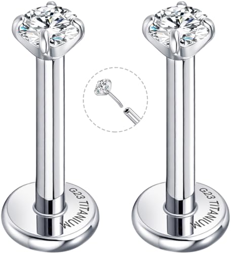 Threadless Flat Back Earrings for Tragus, Helix, Conch, Daith, Cartilage Piercings - G23 Titanium Flatback Stud Earrings with Grade AAAAA Cubic Zirconia - Threadless Flat Back Nose Stud Push Pin Ring Earring Studs (18g, 16g, 20g - 6mm, 8mm) - color: Silve