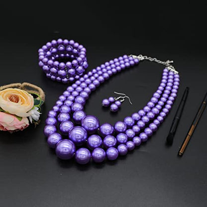We We Imitation Pearl Necklace for Women Large Chunky Pearl Necklaces Multilayer Pearl Necklace and Earring 1920s Costume Jewelry set - color: purple pearl necklace set