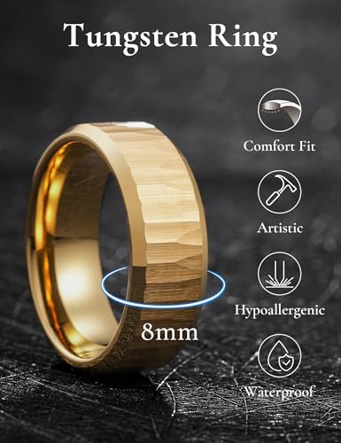 King Will 8mm Mens Hammered Tungsten Rings Matte Brushed Finish | Beveled Edge, Comfort Fit, Durable, Everyday Wear - color: Gold