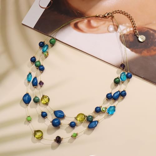 Coiris 3 Layers Illusion Wire Beaded Statement 19.5" Necklace for Women - color: N0005
