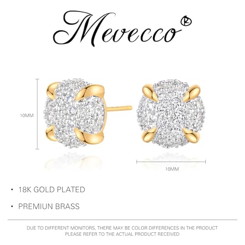 MEVECCO Pave Cubic Zirconia Stud Earrings for Women, 18K Gold Plated Brass | Pave CZ Fronts, Curved Gold Plated Edge Accents, Soft Motifs and Clean Geometric Styles - style: round