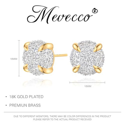 MEVECCO Pave Cubic Zirconia Stud Earrings for Women, 18K Gold Plated Brass | Pave CZ Fronts, Curved Gold Plated Edge Accents, Soft Motifs and Clean Geometric Styles - style: round