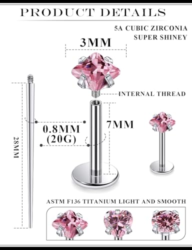 20G 18G 16G Astm F136 Titanium Internal Thread Flat Back Earrings Nose Studs Tragus Helix Conch Cartilage Lobe Earrings Medusa Labret Snake Bite Monroe Lip Ring Piercing Jewelry For Women Men - color: Pink, size: 20G-7MM Bar-CZ 3MM