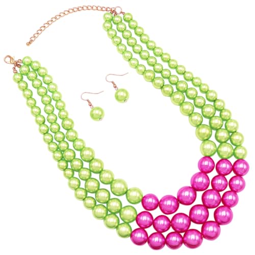 Rosemarie & Jubalee Women's 3 Colorful Multi Strands Simulated Pearl Necklace And Earrings Jewelry Gift Set, 18"+3" Extender - color: Green With Fuchsia Pink Gold Tone